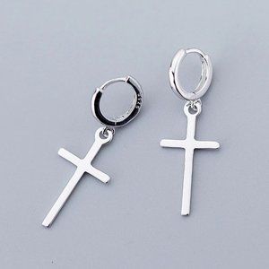 *925 Sterling Silver Cross Huggie Hoop Earrings